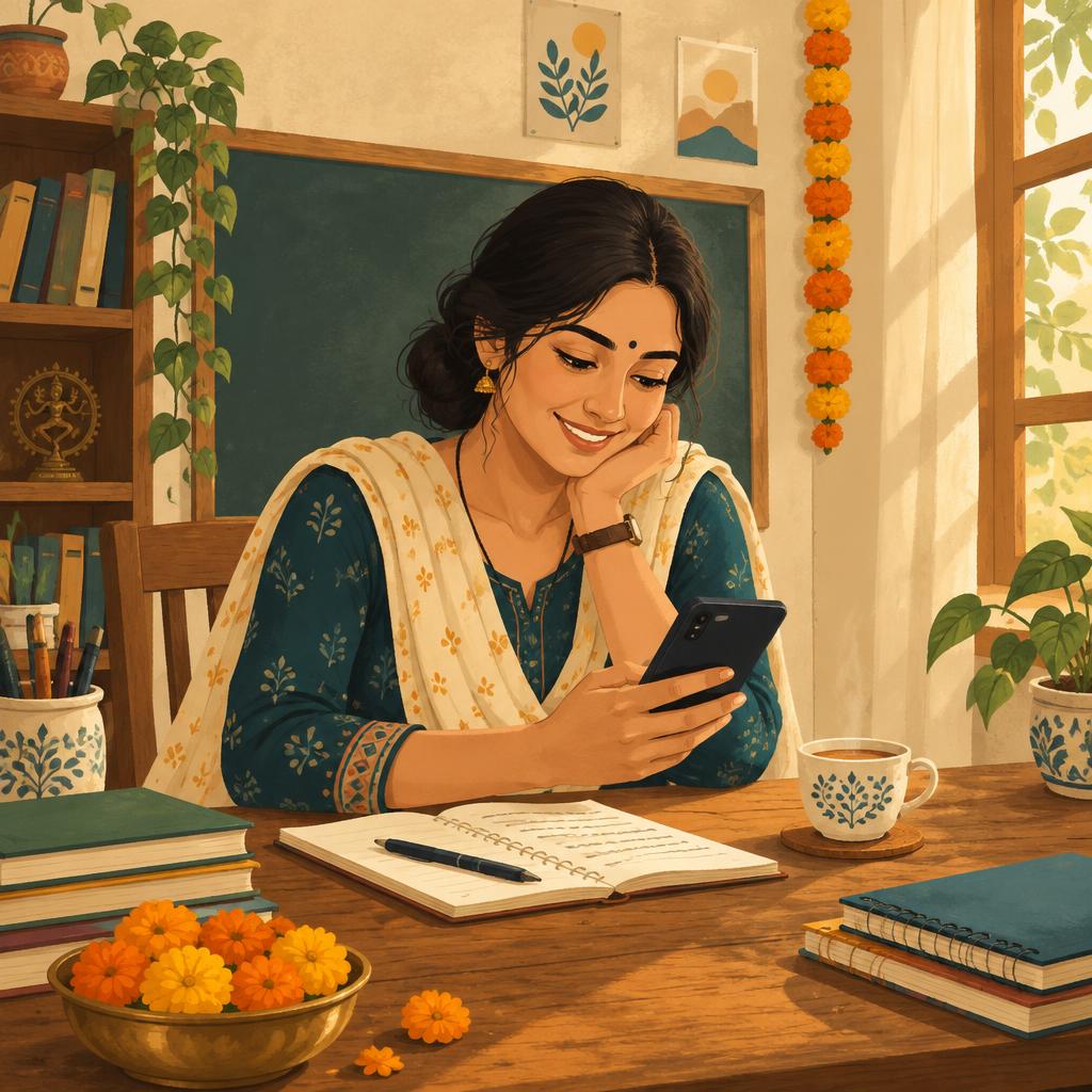 Tutor checking fees on her phone